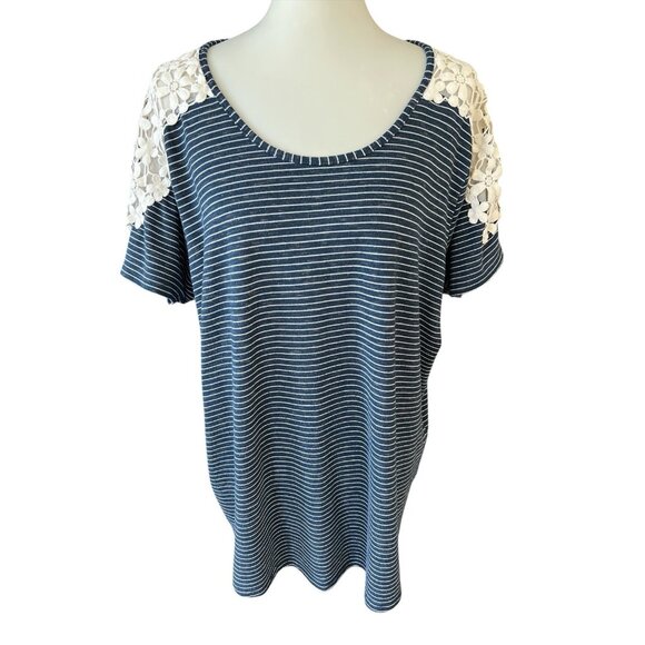 CJ Banks Navy & White Stripe Short Sleeve Top With Crochet Shoulders/Arms-2X - Picture 1 of 2